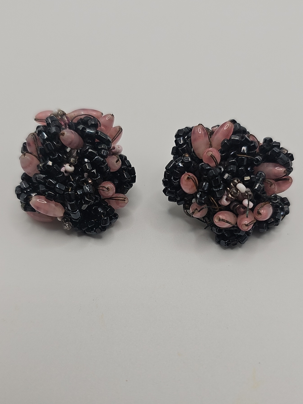 Handcrafted Pink and Black Beaded Cluster Clip Vintage Earrings